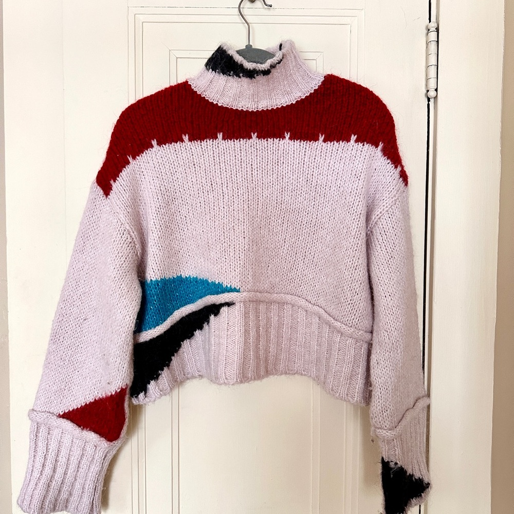 Zara cropped, graphic print wool sweater with mock neck and wide sleeves